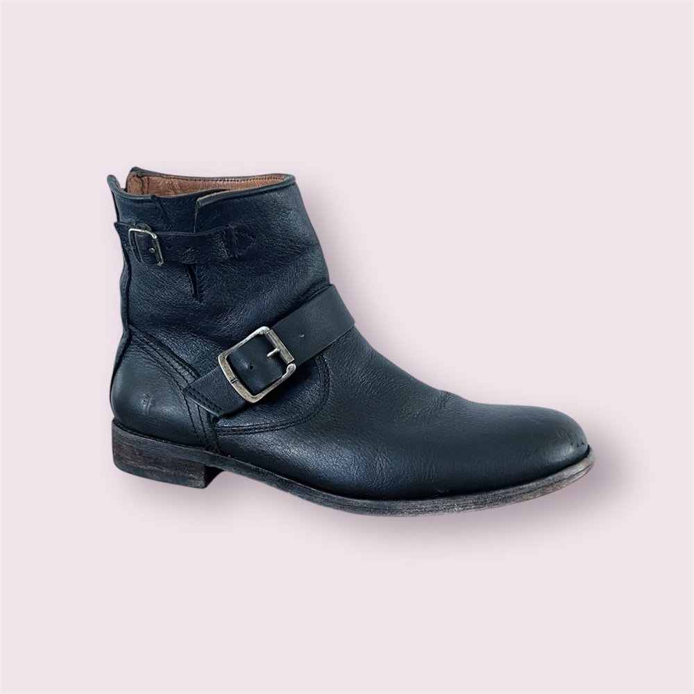 Frye Tyler Engineer Boot Women’s Size 9 Black Leather Distressed Zip Moto Buckle